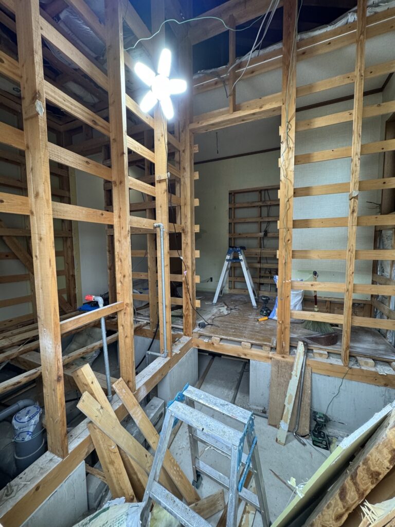 浴室リフォーム解体工事の様子｜既存浴室を撤去し構造部分が見える状態